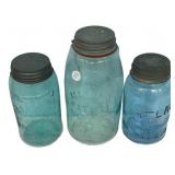 Antique Blue Glass Mason Jars Lot of 3