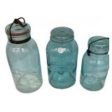 Antique Blue Glass Canning Jars Lot of 3