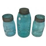 Antique Blue Glass Mason Jars Lot of 3