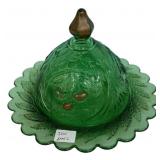 Green Glass Covered Butter Dish Gold