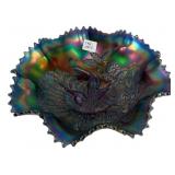 Carnival Glass Peacock Ruffled Bowl