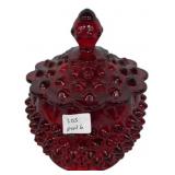 Ruby Red Hobnail Glass Covered Jar