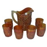 Carnival Glass Grape Pitcher & 6 Cups
