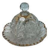 Pressed Glass Butter Dish Gold Trim