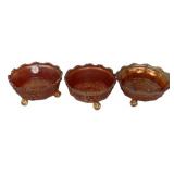 3 Marigold Carnival Glass Footed Bowls