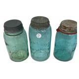 Antique Blue Glass Mason Jars Lot of 3