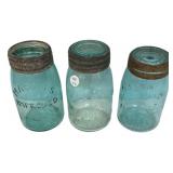 Antique Mason's Aqua Glass Jars Lot of 3