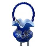 Fenton Blue Glass Basket Hand Painted