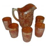 Carnival Glass Pitcher & 5 Tumblers Set