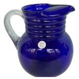 Cobalt Blue Glass Pitcher Clear Handle