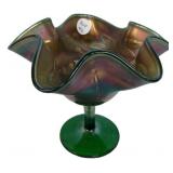 Green Carnival Glass Ruffled Compote