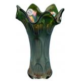 Green Carnival Glass Ruffled Vase