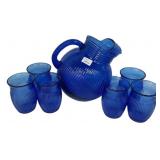 Cobalt Blue Glass Pitcher & 6 Tumblers