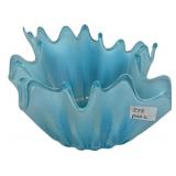 Blue Opalescent Ruffled Art Glass Bowl