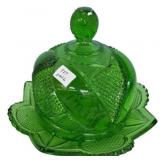 Green Pressed Glass Covered Butter Dish