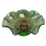 Green Carnival Glass Greek Key Bowl