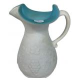 White Relief Floral Pitcher Blue Interior