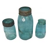 Antique Blue Glass Mason Jars Lot of 3