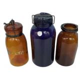 Antique Glass Jars Lot of 3 Amber Blue