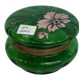 Green Glass Hinged Trinket Box Floral