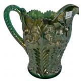 Green Carnival Glass Floral Pitcher