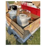 Cream can, tea pot, wood crates