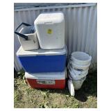 Coolers, bait buckets