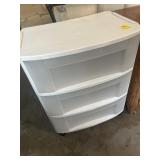 Plastic drawers, wood cabinet