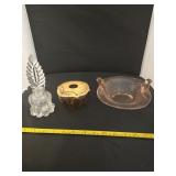 Amber glass bakelite lid, pink depression dish