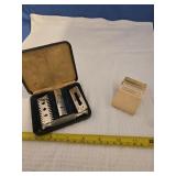 3 vintage shaving razors with cases, one miniature