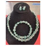 Necklace Bracelet Earring Set Green Silvertone
