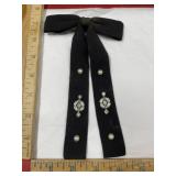Vintage ribbon bowtie Silvertone, faux pearls,