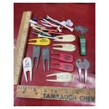 Golf cleats, tool, markers, tees, divot repair