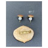 Plastic orange/brown leaf pin and earrings