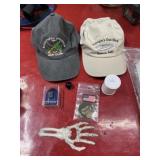 Mixed box lot ball caps, cast iron, patches,
