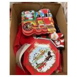 Box mixed Christmas linens, Hallmark ornaments,