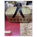 Vintage metal picnic basket with contents
