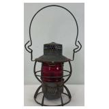 Dressler Arlington, NJ PRR Keystone embossed railroad lantern w/red globe