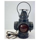 Santa Fe railroad switch lantern lamp cast iron base marked three amber/orange one red lens 4-way