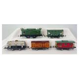 Prewar Lionel O Gauge 253 box cab electric loco, 803 hopper, 804 oil tank, 806 stock, 807 caboose