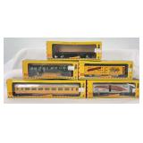 Fleischmann HO Gauge 1420 UP Ocean View pass. coach, 1425 flat, 1426 gondola, 1428B Blatz reefer, 1429 WP box car in boxes