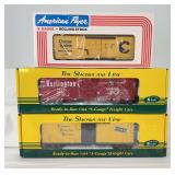 Modern Lionel American Flyer and S-Helper S Gauge lot of three NIB boxcars