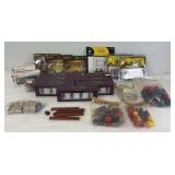 Very large lot of modern O Gauge railroad layout diorama, figures, oil barrels, crates, more Most in Package
