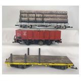 Kalamazoo and LGB freight cars; 4021 track cleaning gondola, 201 Uintah Railway flat and 1877-51 Virginia & Truckee flat