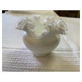 Fenton Ruffled White Glass Vase