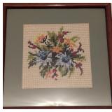 Framed Floral Cross-Stitch Artwork