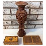 Carved Wooden Vase and Decorative Boxes
