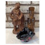 Wood Sculptures and Ceramic Basket Trio