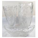Three Cut Crystal Vases and Bowl