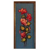Framed Floral Needlework on Blue Canvas